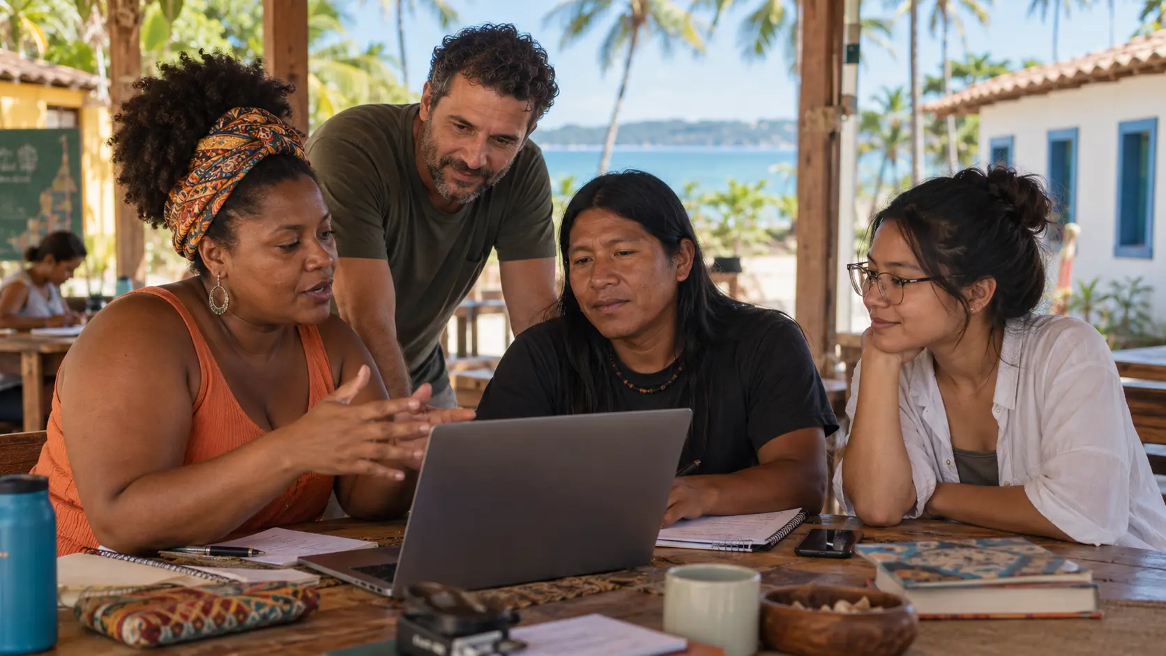 Grupo multirracial conversa e aprende junto usando um computador em Porto Seguro